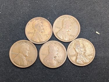 1913 P, 14 P, 15 P 13 D, 15 D Wheat Cents (5 Coins)