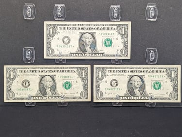 (3) 2017 $1 Green Seal Federal Reserve Star Notes- 1 Zero to Start Serial Number
