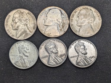 WW II Emergency Coins 3 Silver Nickels, 3 Steel Wheat Pennies