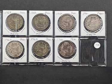 Seven Mexico silver pesos: 58, 59, 60, 61, 62,63,and 64. 10% silver.