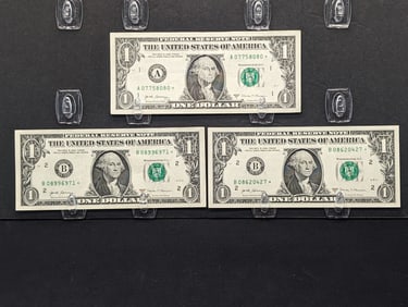 (3) 2017-A $1 Green Seal Federal Reserve Star Notes- 1 Zero to Start Serial Number