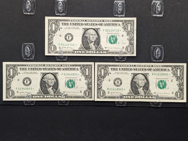 (3) 2017-A $1 Green Seal Federal Reserve Star Notes- 1 Zero to Start Serial Number
