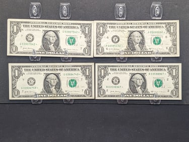(4) 2017-A $1 Green Seal Federal Reserve Star Notes- 1 Zero to Start Serial Number