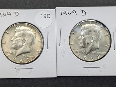 (2) 1969-D UNC 40% Silver Kennedy Half Dollars