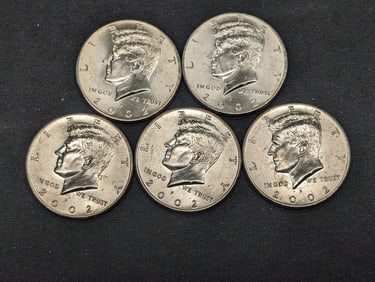 (5) 2002-P Clad Kennedy Half Dollars Uncirculated From Canvas Mint Bag