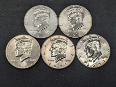 (5) 2001-D Clad Kennedy Half Dollars Uncirculated From Canvas Mint Bag