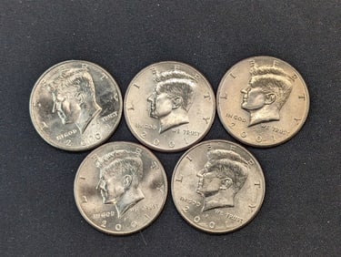 (5) 2001-P Clad Kennedy Half Dollars Uncirculated From Canvas Mint Bag