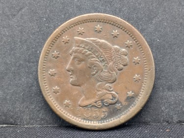 1855 Braided Hair Large Cent. Upright 5s. XF.