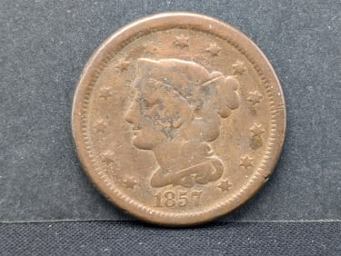 1857 Small Date Braided Hair Large Cent. Last date in series. Scarce.
