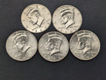 (5) 2004-P Clad Kennedy Half Dollars Uncirculated From Canvas Mint Bag