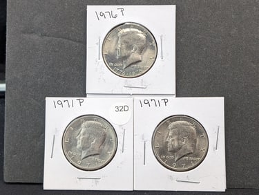 (2) 1971-P + (1) 1976-P UNC Clad Kennedy Half Dollars