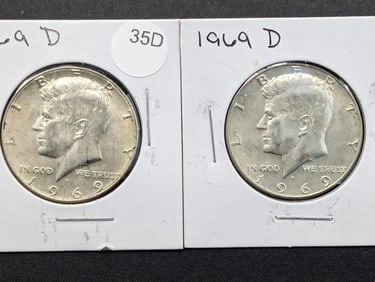 (2) 1969-D UNC 40% Silver Kennedy Half Dollars