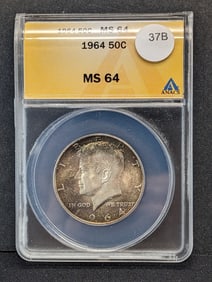 1964 90% Silver Kennedy Half Dollar ANACS Graded MS64- Toned