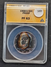 1968-S Proof 40% Silver Kennedy Half Dollar ANACS Graded PF63- Toned