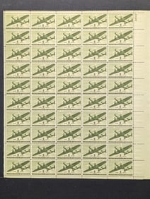 Sheet of 50 Eight Cent Airmail stamps, C 26. 1944 issue. Mint Never Hinged.