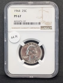 1964 Washington Quarter. 90% Silver. NGC PF67