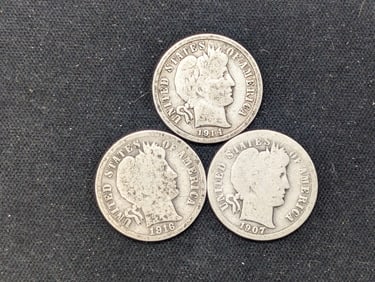 1907 P, 14 D, 16 P Barber Dimes