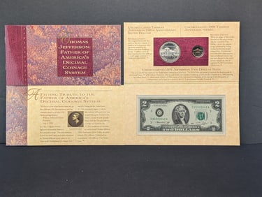 1993 Jefferson Coin and Currency Set: 93P Jefferson $1, 94 P Jefferson Nickel, and 1976 $2. GEM in