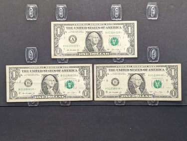 (3) 2013 $1 Green Seal Federal Reserve Star Notes- 1 Zero to Start Serial Number