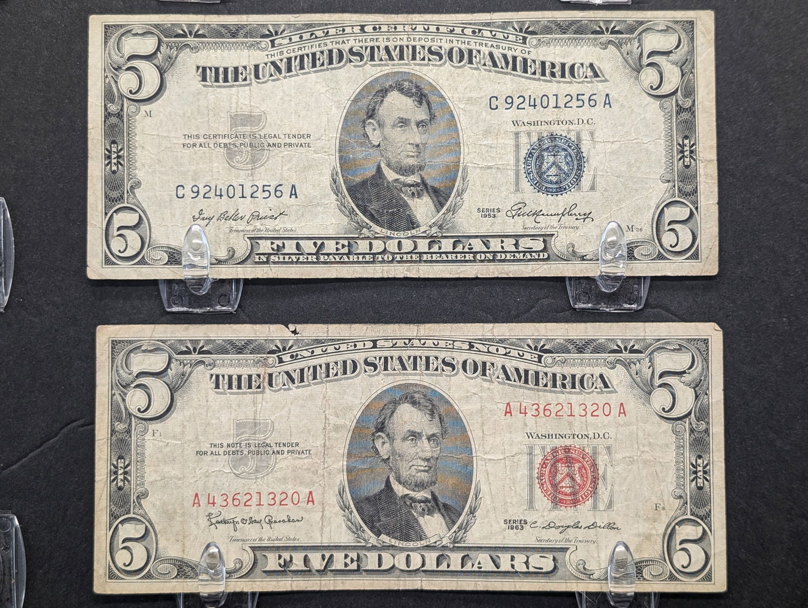 2 - $5 Notes.  1 - Red Seal And 1 - Blue Seal.  Circ. (1 of 4)