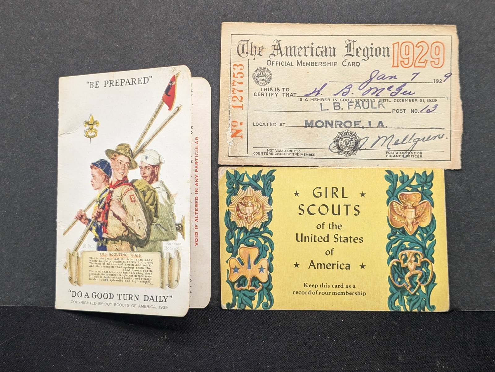 Vintage Membership Cards. Boy Scouts, Girl Scouts, American Legion.: Vintage Membership Cards. Boy Scouts, Girl Scouts, American Legion.
