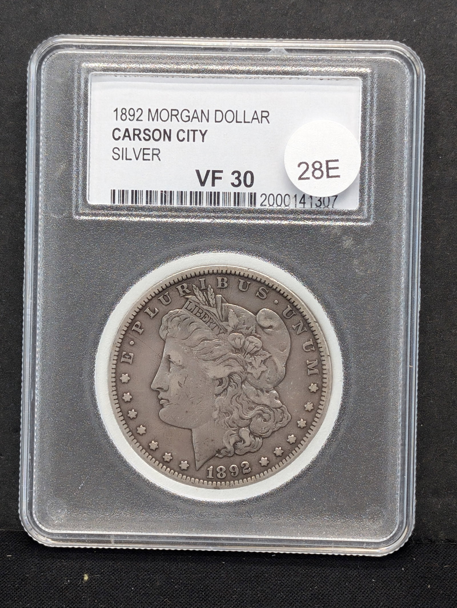 1892-CC Morgan Silver Dollar PCC Slabbed VF30: 1892-CC Morgan Silver Dollar PCC Slabbed VF30