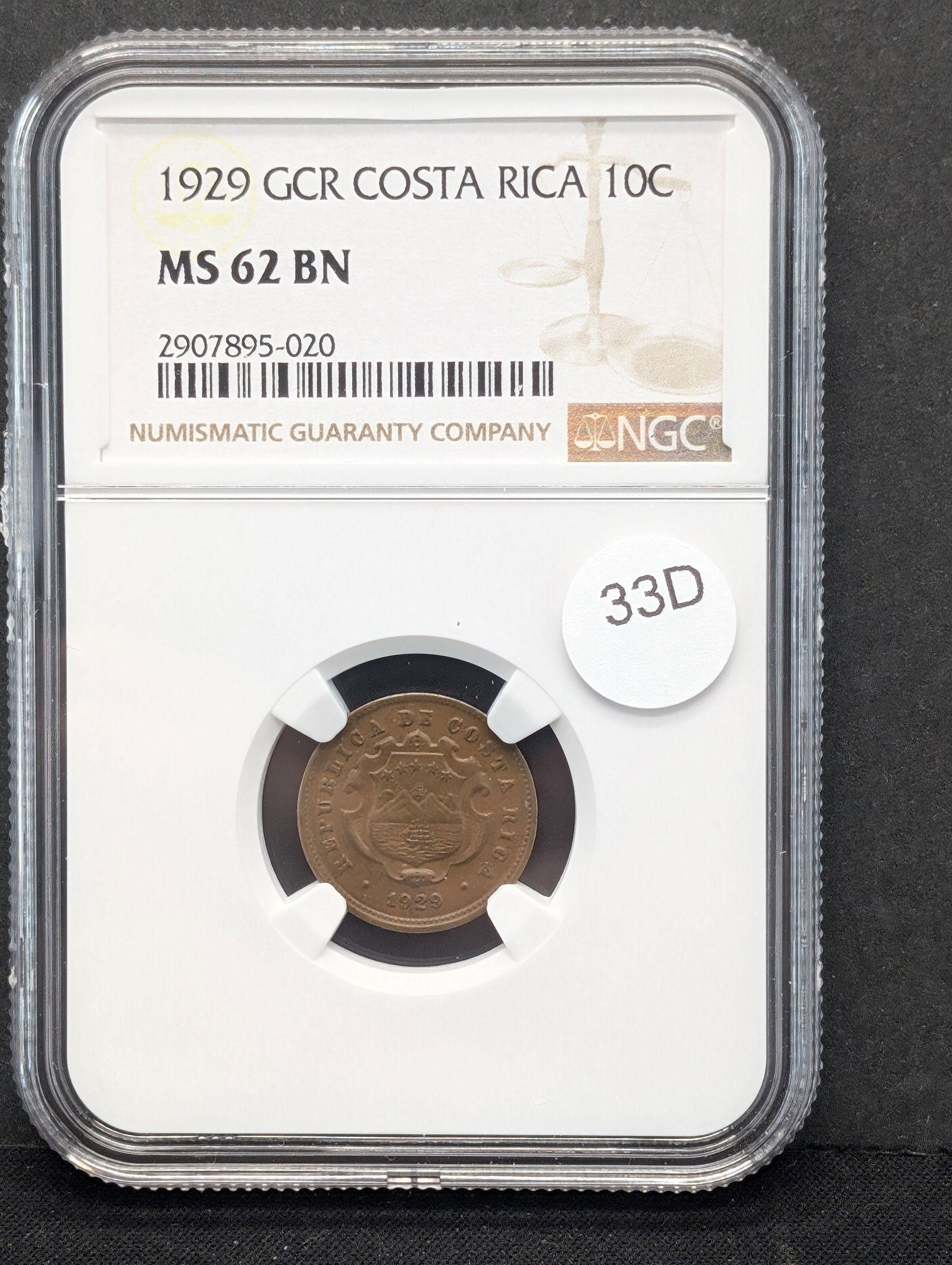 1929 GCR Costa Rica 10 Centavos.  NGC MS 62 BN. (1 of 3)