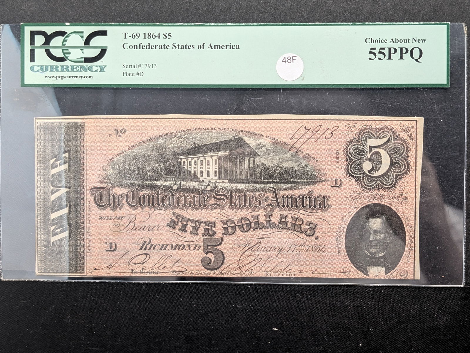 T-69 1864 $5 Confederate States of America Note PCGS Graded Choice About New (1 of 7)