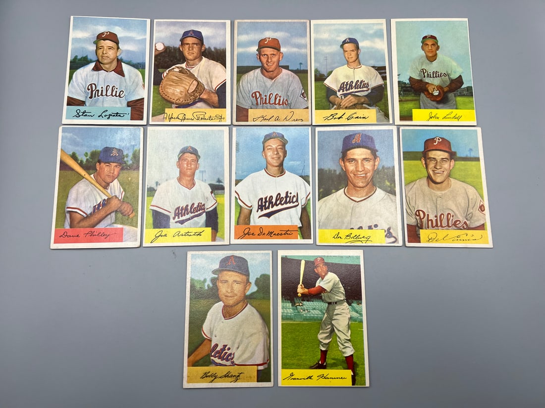 (12) SINGLES - 1954 BOWMAN - PHILADELPHIA A's & PHILLIES: 54B: #19, #47, #115, #127, #131, #147, #159, #163, #191, #195, #207, #211