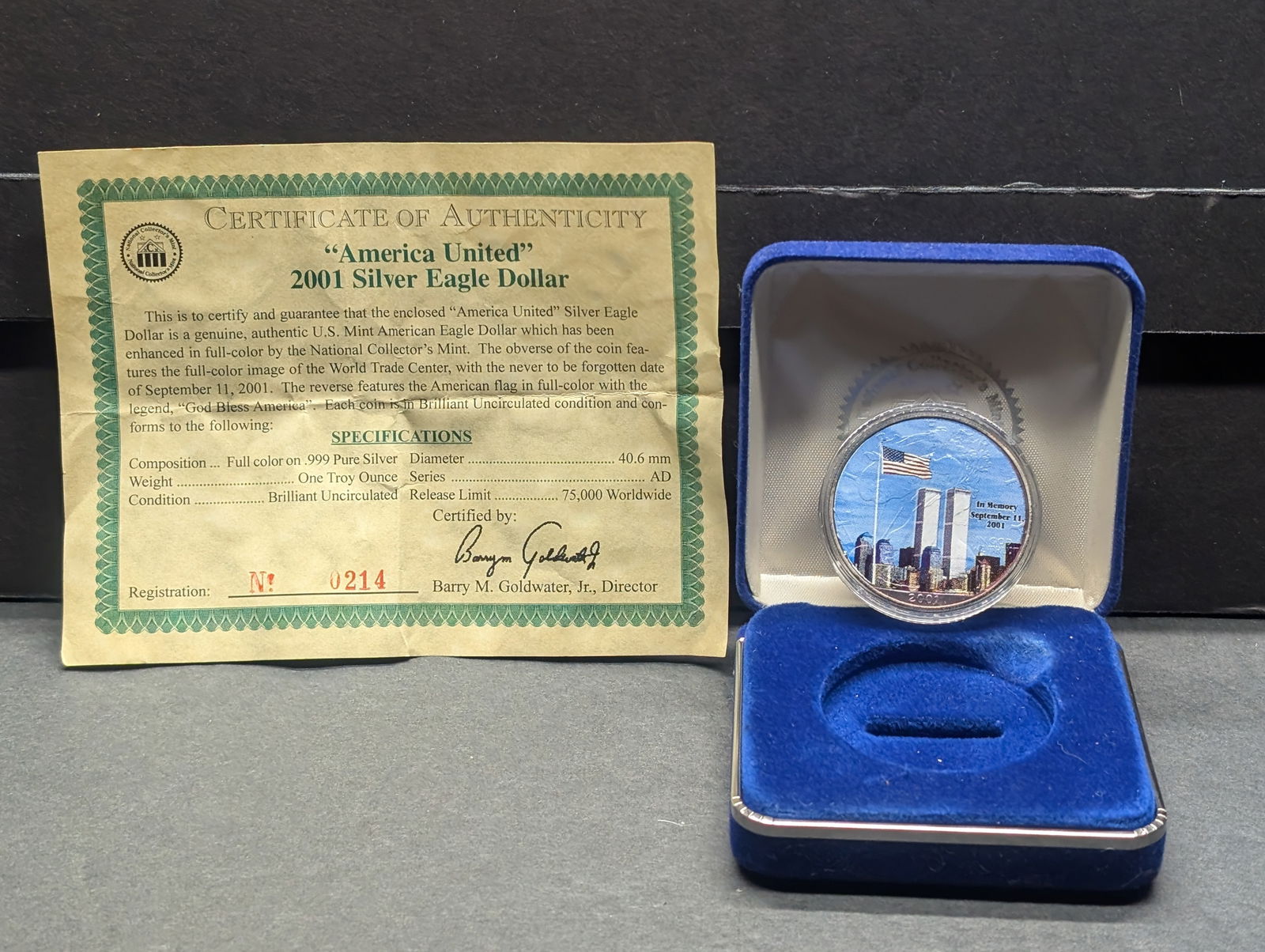 2001 America United Silver Eagle. Pictures the twin towers and the flag. COA included. (1 of 4)