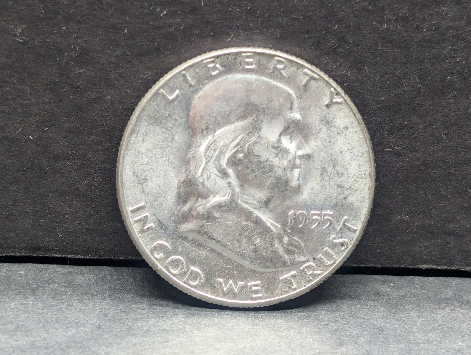 1955 Franklin Half. Choice BU with full bell lines. Scarce date in grade.: 1955 Franklin Half. Choice BU with full bell lines. Scarce date in grade.