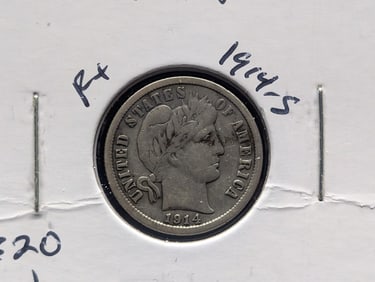 1914-S Silver Barber Dime - Better Grade - Full Liberty