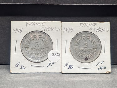 2 1945 France 5 Francs- One Holed