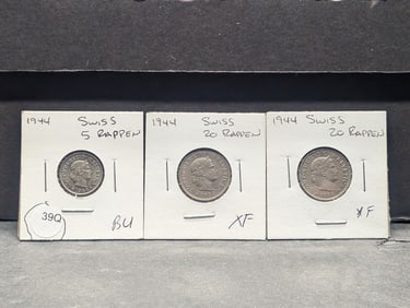 3 Swiss Coins- 1944 5 Rappen + 2 1944 20 Rappen
