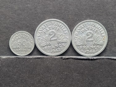 3 Vintage French Coins (1942-50C,1943-2F & 1944 2F) WWII Era/AU-UNC
