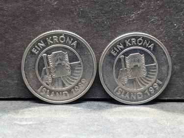1989 & 1991 (BU) ICELANDIC Viking Series Coins, Hard to Find!