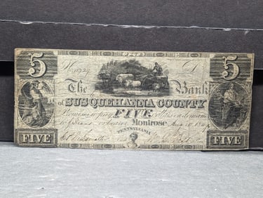 1849 $5 Signed Note From The Bank of Susquehanna County