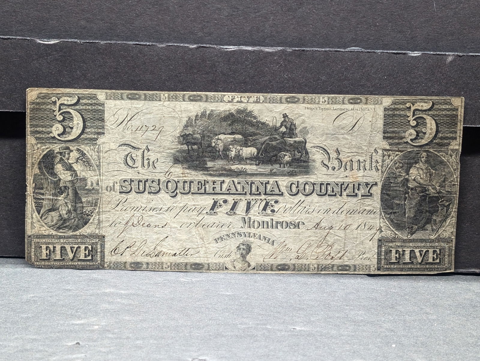 1849 $5 Signed Note From The Bank of Susquehanna County (1 of 3)
