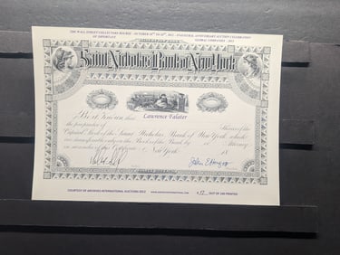 2012 Saint Nicholas Bank of New York Stock Certificate Reprint #17 of 100 printed