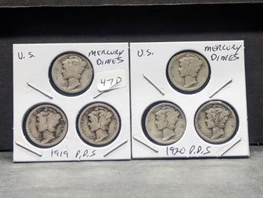 1919 P,D,S & 1920 P,D,S Silver Mercury Dimes - Complete Year Sets
