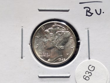 1945 GEM BU Mercury Dime. Super Lustrous. WWII Era. 90% Silver