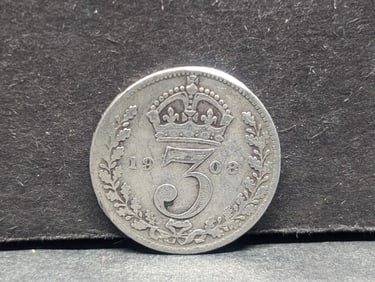 1908 (Silver) Great Britian 3 Pence, XF-Great Condition, 116 Years Old!