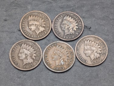 5 Mixed Date Indian Head Cents, Nice Cond.