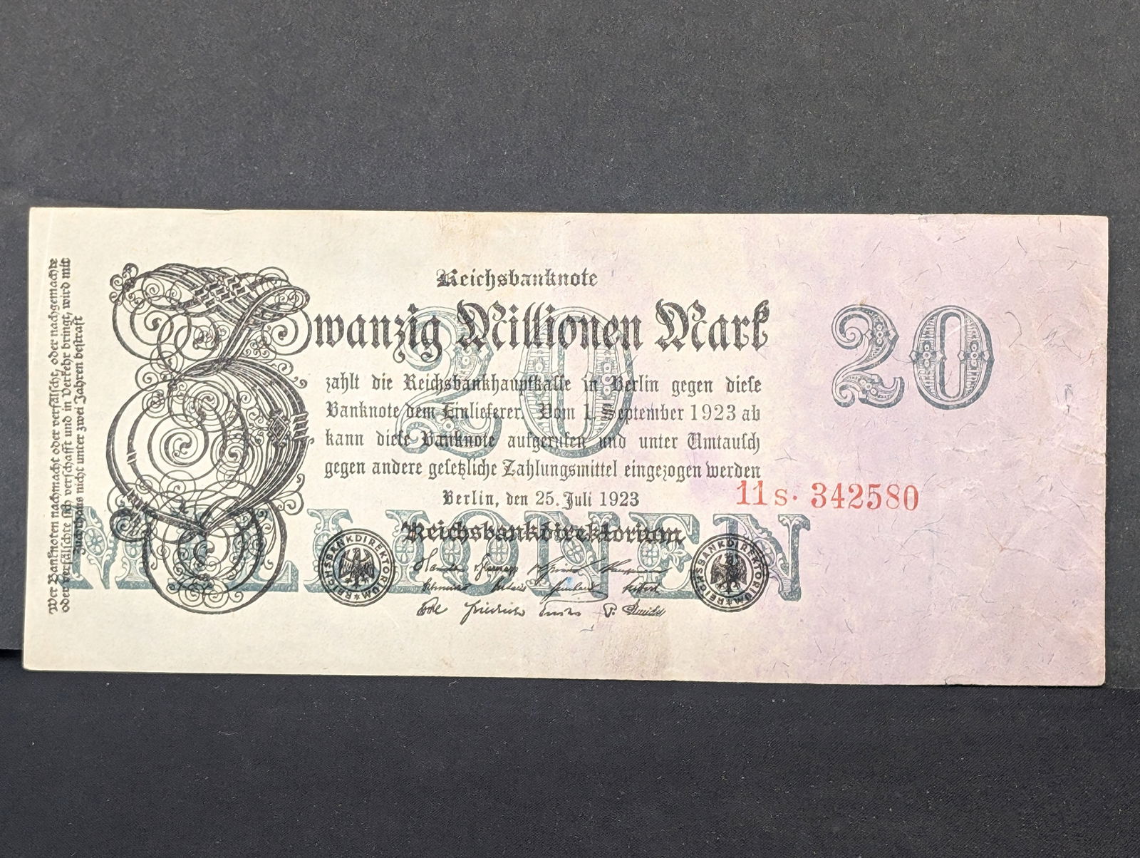 1923 German 20 Million Mark Note. Post WWI, Scarce. UNC (1 of 3)