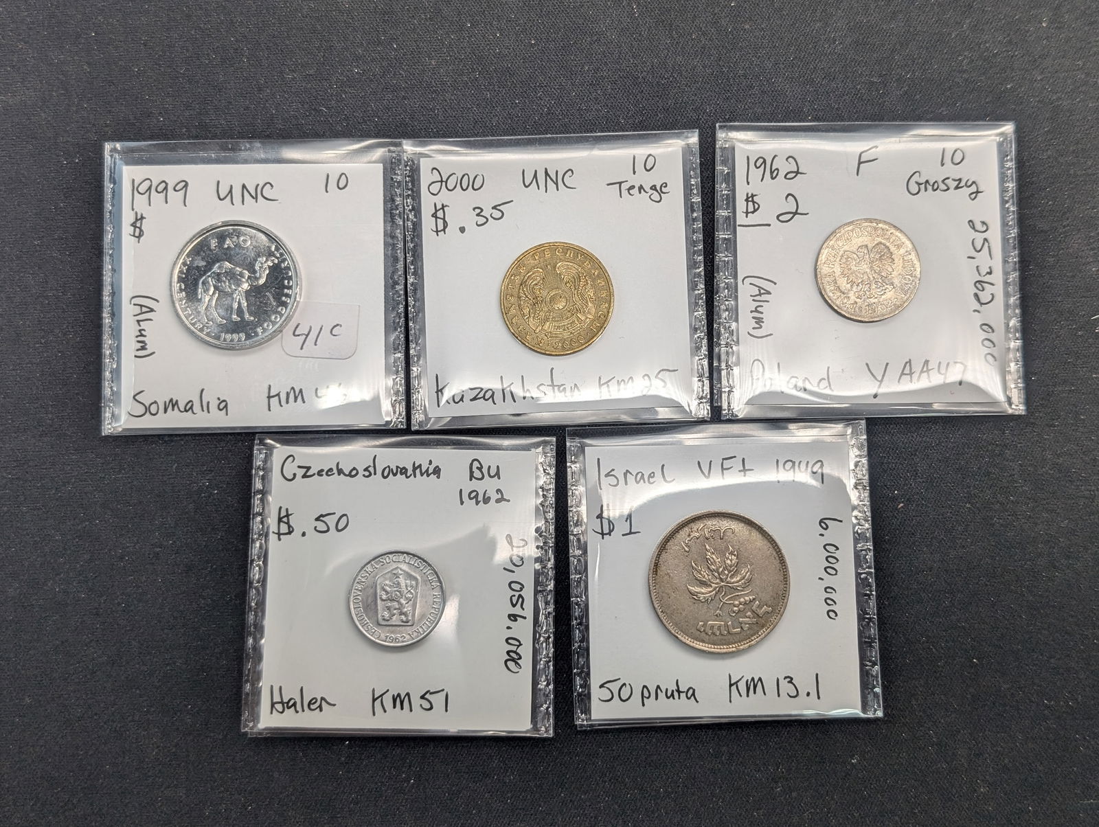 5 World Coins (1999 East Africa UNC/2000 Kazakhstan UNC/1962 Poland Fine/1962 Czechoslovakia BU & (1 of 3)