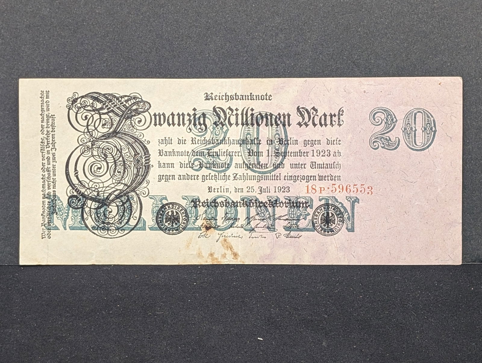 1923 German 20 Million Mark Note. Post WWI, Scarce. UNC (1 of 3)