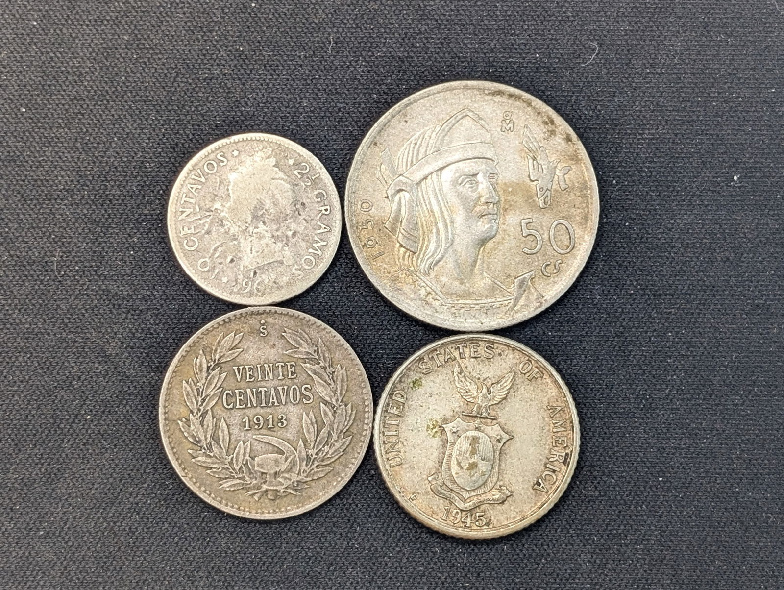 1950 Mexico 50 Centavos, 1945-D Philippines 20 Centavos, 1967 Dominican 10 Centavos, 1913-S Chile 20 (1 of 2)