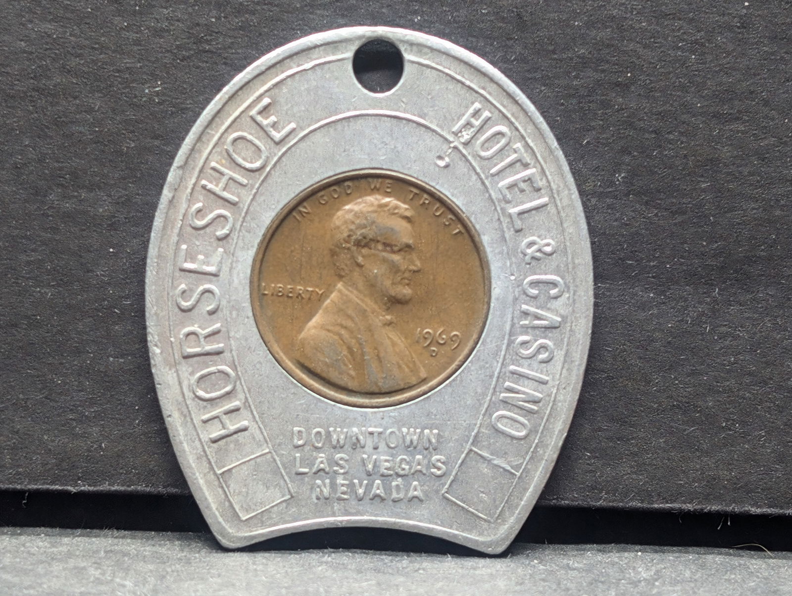 Horseshoe Hotel & Casino.  Las Vegas, Nevada. Encased 1969-D Lincoln Cent. (1 of 2)