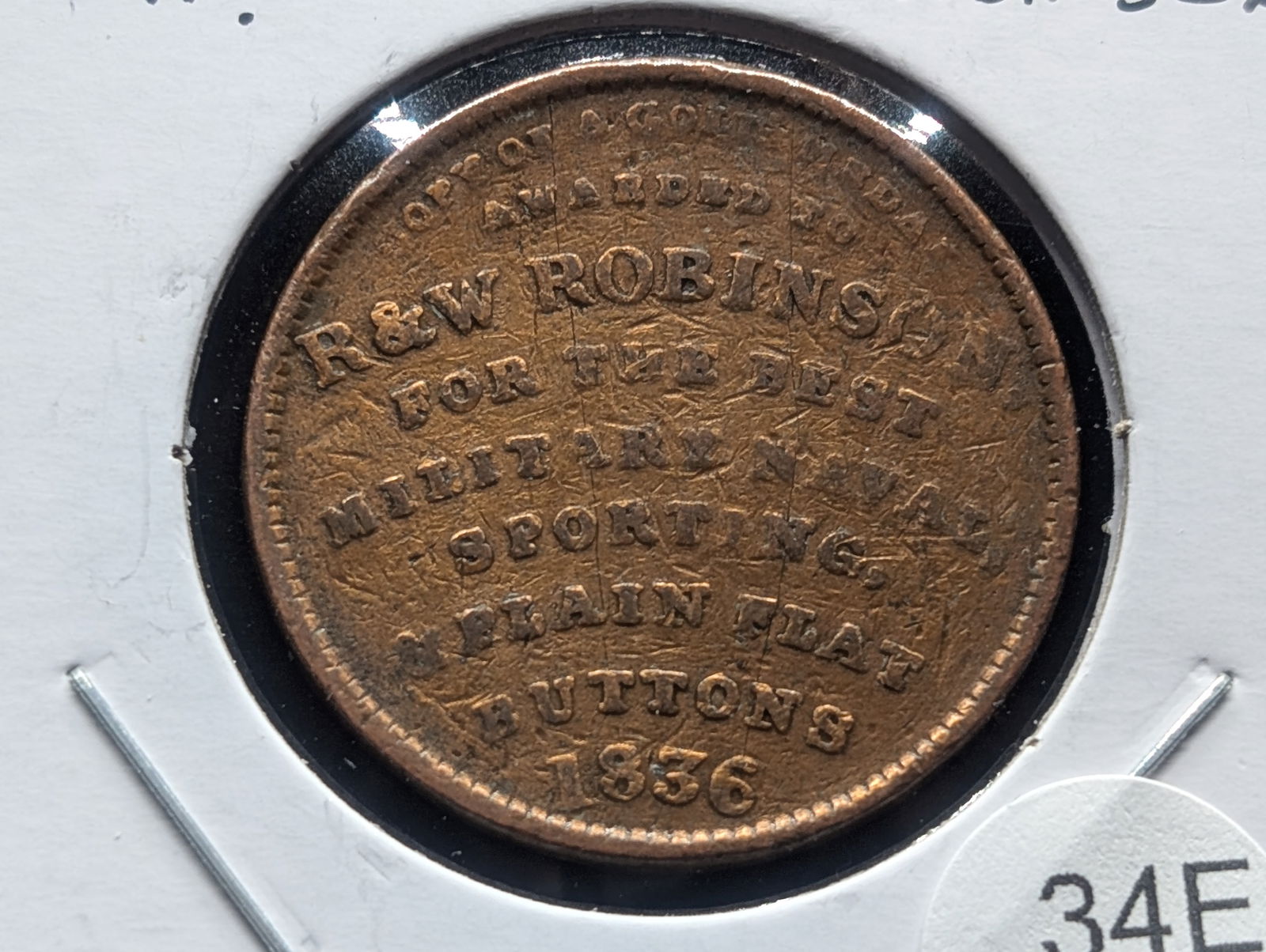 1836 Hard Times Token. R. & W. Robinson. New York. (1 of 3)