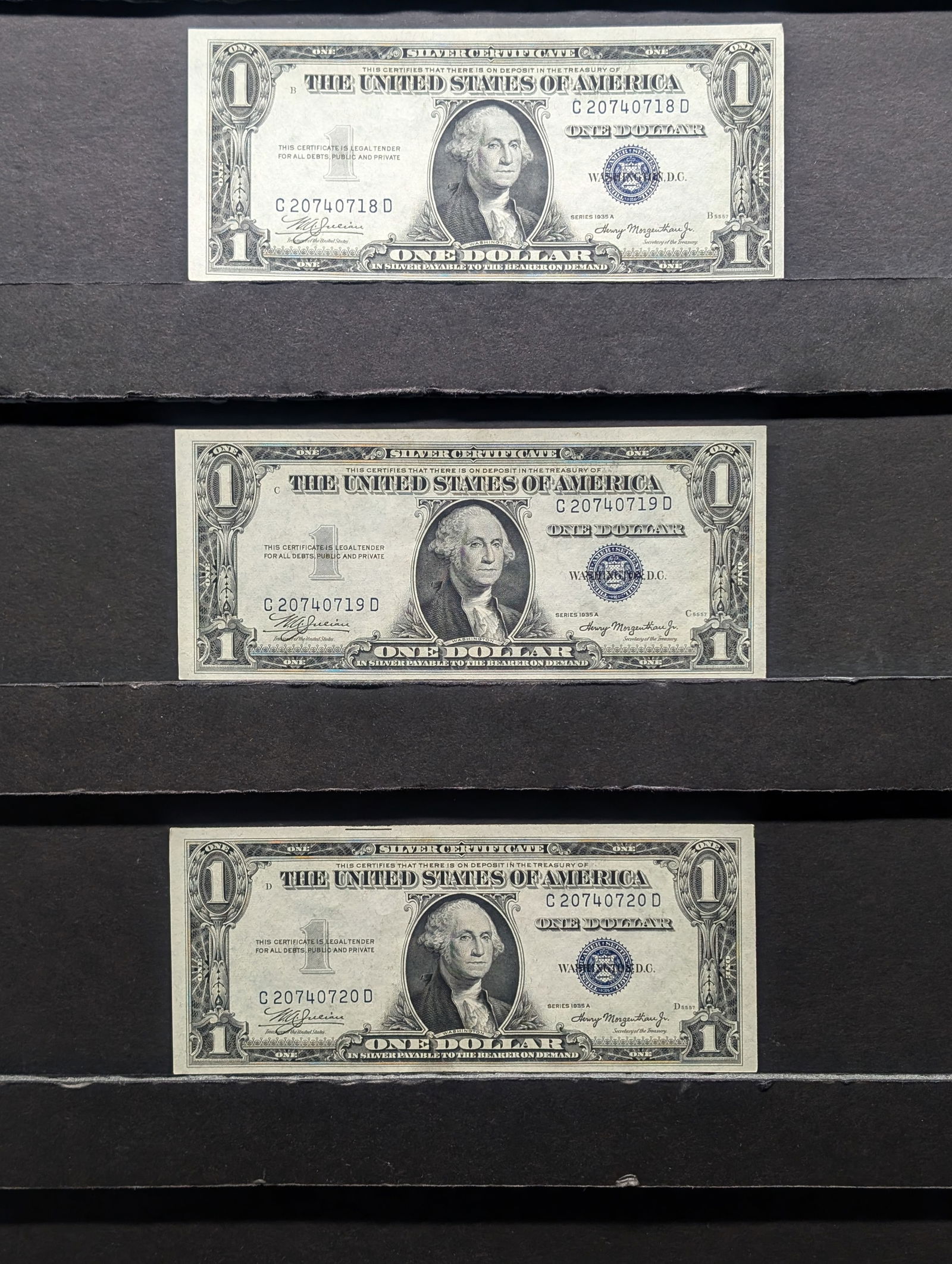1935 A $1 Silver Certificates - 3 Consecutive - Crisp Uncirculated (1 of 3)